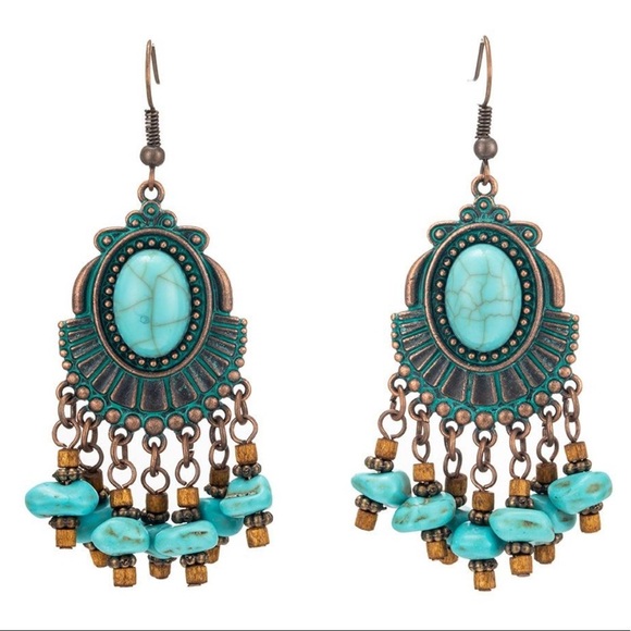 Boho Turquoise Stone Beaded Tassel Drop Earrings - Picture 2 of 2